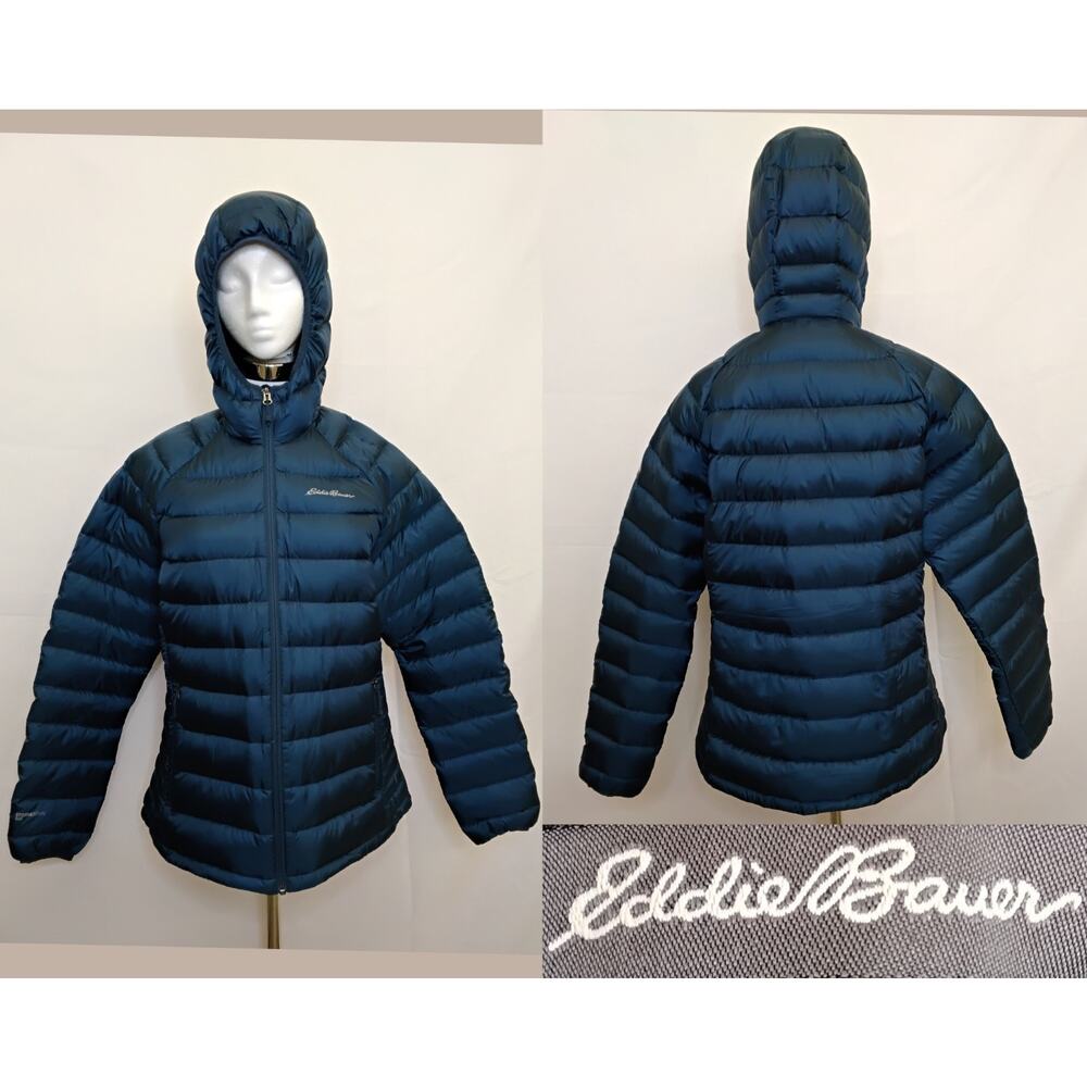 Eddie Bauer Down Jacket Women's L Blue Hooded Full Zip #Z5355